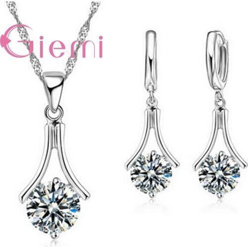 Shiny Lucky Austria Crystal Stone Jewelry Sets for Women Birthday Gift Proposal 925 Sterling Silver Necklace Earrings Set
