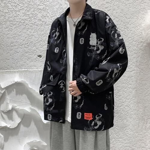5XL-M Autumn New Stand Collar Fashion Print Oversized Jackets Men Clothing Simple Loose Casual Streetwear Outwear Coat
