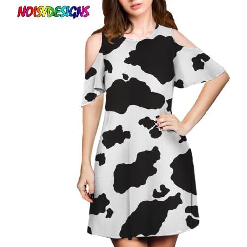 NOISYDESIGNS Ruffle Dress Women Summer Dresses Short Sleeve Black And White Cow Printed O-Neck Dress Beach Mini Dresses Sukienka