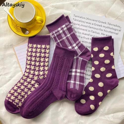 4pcs Socks Women Purple Korean Style High Tube Winter Thick Warm Cozy Ins Breathable College All-match Sweet Print Fashion Basic