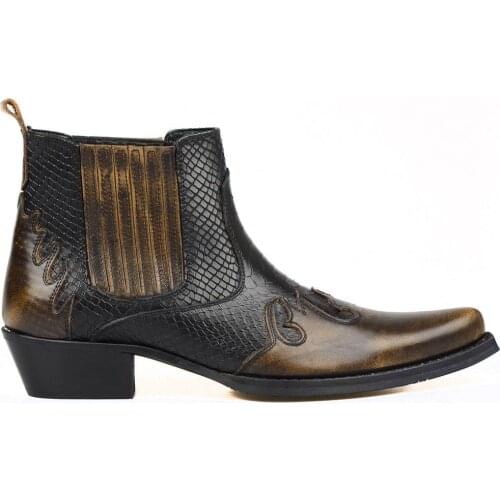 FootCourt- Brown Black Snake Printed Cow Leather New Cowboy Ankle Boots For Men Pointed Toe Texas Designer Boots Stretch boots
