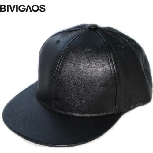New Fashion Unisex Casual Snapbacks Hats Black Blank PU Leather Flat brim Baseball Caps Hip hop Cap Bones Gorras For Men Women