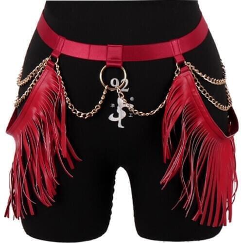 Tassel Skirt Garter Body Harness Gothic Chain Ring Waist Cage Red Strappy Elastic Plus Size Sexy SuspenderParty Rave Thigh Belts