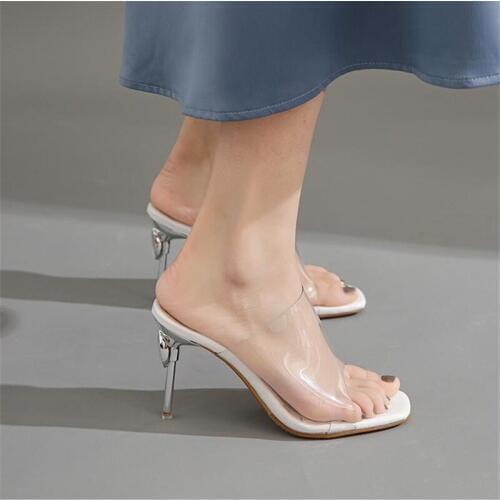 Thin Small Heel Clear Shoes Woman Sexy Pointed Toe Summer Sandals Crystal Transparent Women Slippers Peep Toe High-Heeled Slides