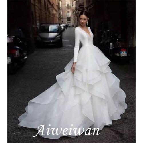 A-Line Wedding Dresses V Neck Court Train Organza Satin Long Sleeve Formal Luxurious with Pick Up Skirt Cascading Ruffles 2021