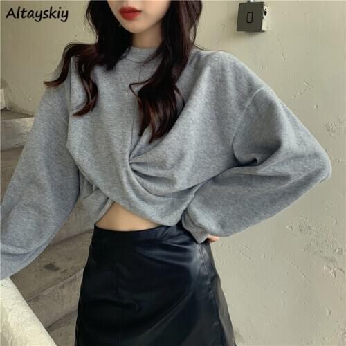 Cropped Hoodies Women Harajuku Chic Korean Design Gray Classic Ladies Sweatshirts Simple Trendy All-match Long Sleeve Teens New