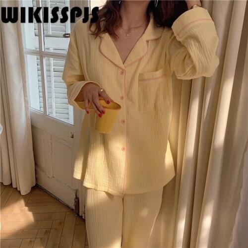 WIKISSPJS 2021 Spring New Long Sleeve Pajamas Womens Two Piece Suit Pajamas for Teen Girls Sleepwear Pajamas for Women