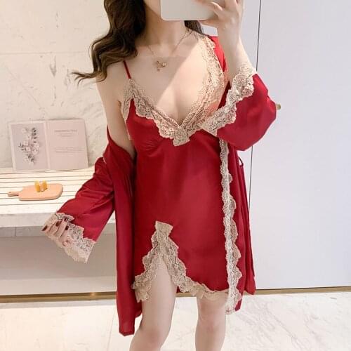Summer Sexy Lace Trim Satin Women Sleepwear Robe Nightdress 2PCS Nightgown Lady Brides Bridesmaid Wedding Robe Gown