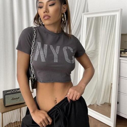 2021 Women Causal Short Sleeve T-shirt Fashion Letter Hot Drilling Round Neck Exposed Navel Tops for Home wear Party Vacation