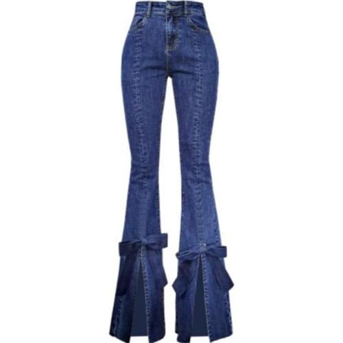 New arrival spring autumn fashion split flare jeans women high wasit skinny bow jeans