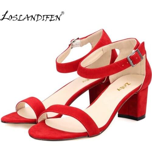 LOSLANDIFEN Ankle Strap Suede 5cm High Heels Woman Open Toe Sandals Sexy Low-heeled Shoes Ladies Cause Party Pumps 691-1VE