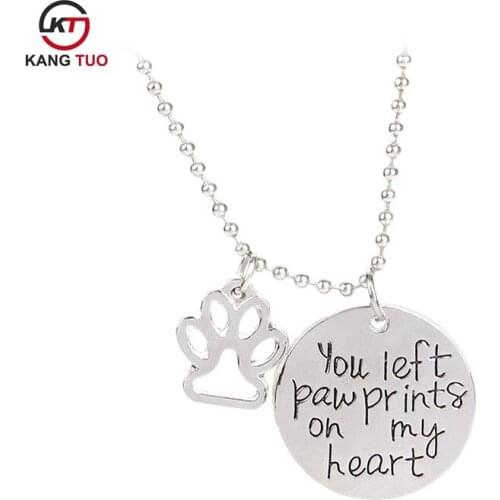 You left pawprints on my heart Letter Pendant Necklace For Women Charms Fashion Silver Plated Jewelry With Bead Chain 12pcs/lot