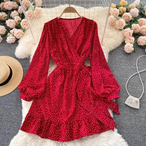 Dress Women 2021 Fashion Autumn Polka Dot Print V-neck Long Sleeve Sash Lace Up One-piece Wrap Dress Ruffles Mini Party Dress
