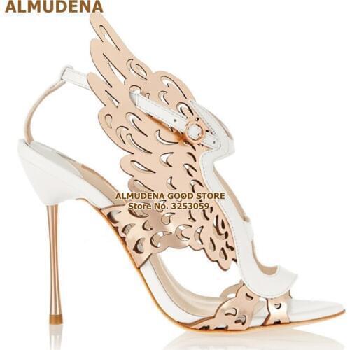 ALMUDENA Champagne Gold Butterfly High Heel Sandals Metal Thin Heels Wing Wedding Shoes Color Patchwork Cage Buckle Strap Pumps