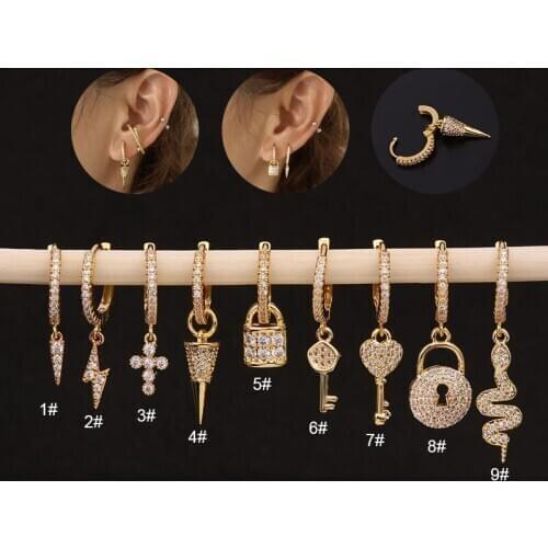 1Pc New Snake Gold Key Ring Stainless Steel Cross Lock Key Moon Cz Hoop Zirconia Cartilage Earring Ear Helix Piercing Jewelry