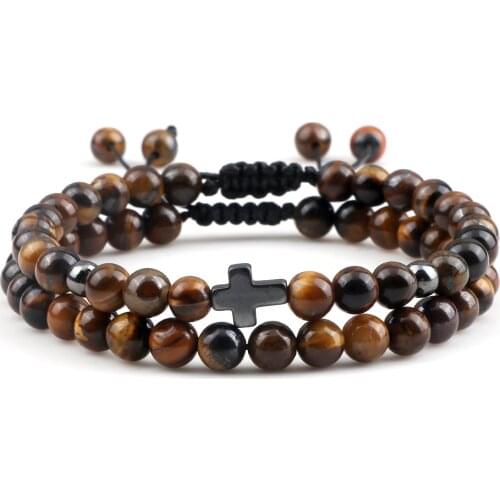 2pcs/Set Tiger Eye Black Lava Natural Stone Beaded Couple Distance Bracelets for Women Men Friendship Gift Adjustable Jewery 6mm