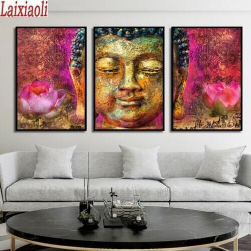 3 pcs The Golden Buddha Purple Lotus 5D DIY Diamond Painting cross stitch full square/round diamond embroidery mosaic painting