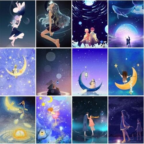 Diamond Painting Cartoon Hand Drawn Comic Style Modern Girl Cute Fantasy Starry Sky Moon Fairy Butterfly Home Decor Drawings