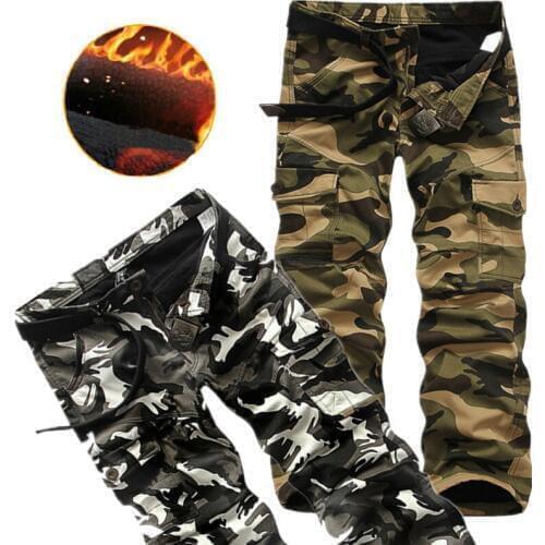 Mens Winter Pants Fleece Warm Cargo Pants Men Casual Pockets Fur Trousers Military Camouflage Pants Loose Baggy Jogger Worker 40