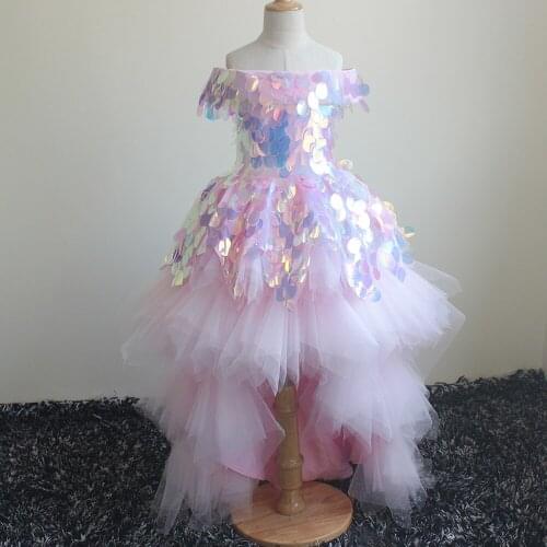 High Low Tiered Tulle Girl Pageant Sequined Dresses Long Layered Flower Girls Bling Dress Blush Pink Ruffles Kids Birthday Gowns