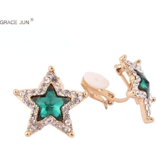 GRACE JUN New Arrival Gold Color Stone Rhinestone Clip on Earrings for Women No Pierced Earrings Charm Jewelry Accessory