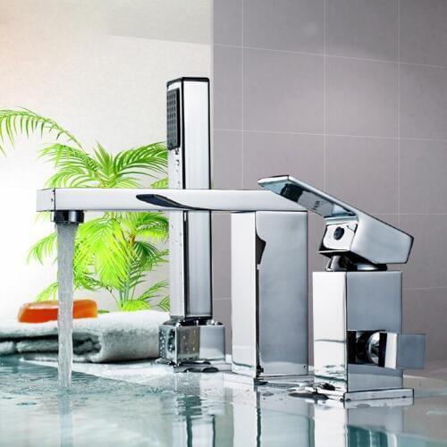 Chrome Finished Bathroom Widespread Bathtub Faucet Deck Mount Bath Tub Mixer Tap with Hand Shower