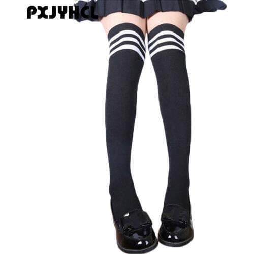Classic Girl Thigh High Over The Knee Socks Student Warm Long Stripe Stockings For Women Black Slim Opaque Party Stockings