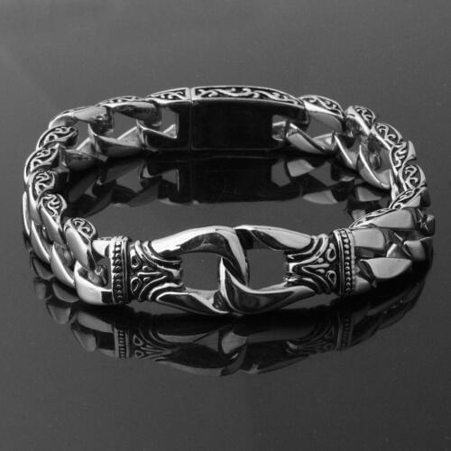 Granny Chic Fashion Mens Bracelet 316L Stainless Steel Silver Color Curved Curb Link Chain Bracelets for Men Jewelry 15mm