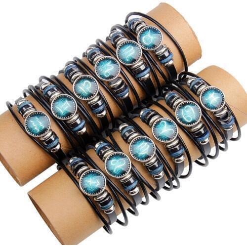 Miss JQ New Fashion 12 Constellations Leo VirgoAries Time Gem Charm Bracelet With Stainless Steel Clasp Leather Bracelet for Men