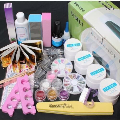 Nail Art Diy Set UV 9W Dryer Lamp Gel Fake Nail Tips Glitter Powders Brush Tools
