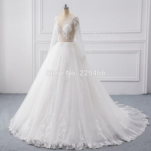2020 New A-Line wedding dress luxury beading Crystal vestido de noiva illusion marriage sexy wedding Gown Custom Made long gown