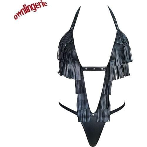 New summer Sexy Black Faux Leather Teddy Bodysuit Erotic Jumpsuit Fetish Stripper Dance Lingerie Jumpsuit for women M7298