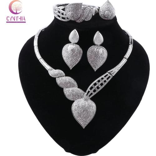 CYNTHIA Crystal Statement Necklace Earrings Dubai Jewelry Sets Indian Bridal Wedding Party Womens Fashion Costume Jewellery