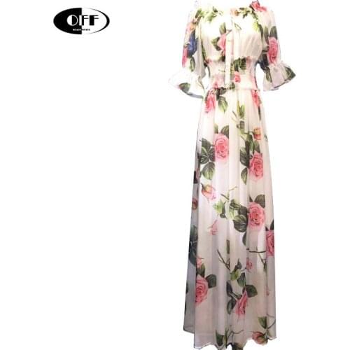 Summer Fashion Boho Maxi Dress Womens Elastic High Waist Casual Elegant Rose Floral Print Vacation Party Evening Long Dresses Z