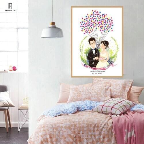 Sweet Love Theme Pink Bride And Bridegroom Figure Fingerprint Signature Canvas Painting DIY Wedding Gift Guest Book Home Decor