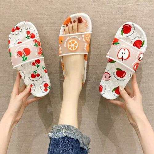 Cute Women Summer Slippers Cartoon Fruit Print Home Indoor Bathroom Slides Thick Soft Sole Flats House Strawberry Ladies Shoes