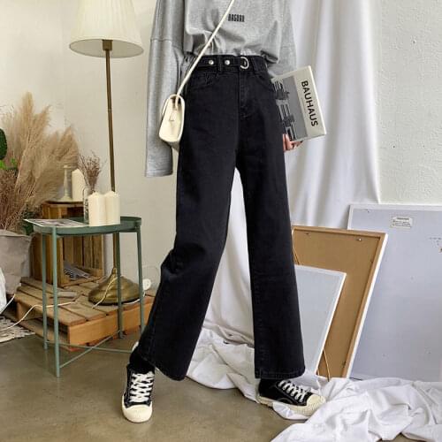 Spring and Autumn Ins Loose Black High Waist Jeans Womens Straight Wide-Legged Pants