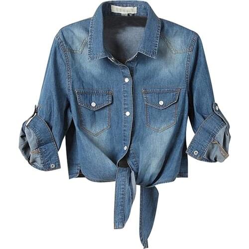 Blue Jean Denim Jacket Women Crop Jeans Jacket Coat Fall Spring 3/4 Sleeve Casual Pocket Knot Tie Denim Shirt Outwear Tops