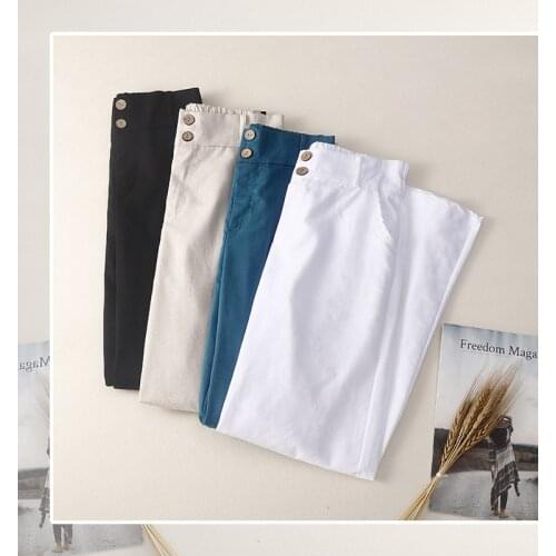 Womens Linen Cotton Pants for Women Summer 2021 Capri Casual Trousers Womens High Waist Thin Wide-leg Pants White 15503