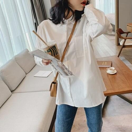 2021 White Blue Pink Spring Womens Shirt And Blouses Top Basic Femme Oversize Tunics Clothing Long Sleeve Cardigan Korean Y2K