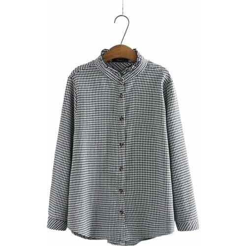 Oversized shirt stand collarHoundstooth womens blouses new 2021 cotton spring autumn Womens long sleeve top black pink