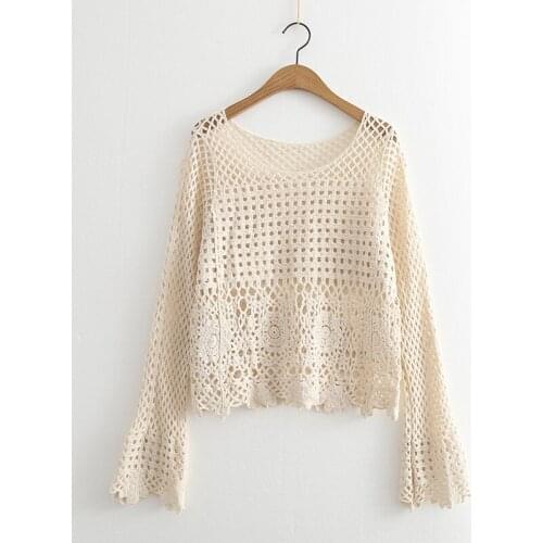 Sweet Style Knitted Hollow Out Women Blouse Summer New 2021 O-Neck Flare Sleeved Loose Elegant Lady Pulls Outwear Tops