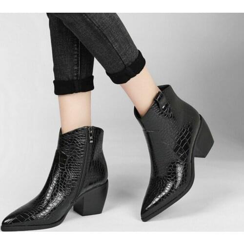 Black Brown White Women Ankle Boots PU Leather Concise Pointed Toe Women Square Heel Boots 2021 Autumn Winter Womans Shoes