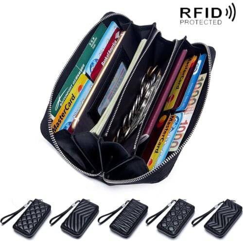 RFID Women Genuine Leather Long Wallet Black Plaid Stripes Card Holder Portable Wristband Clutch High Capacity Zipper Coin Purse
