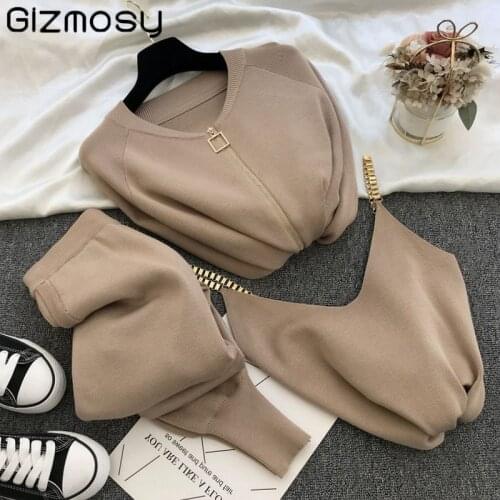 Gizmosy Women Set 2021 Autumn Winter Knitted Vest Zipper Cardigans Elastic Pants 3pcs Sets Tracksuits Outfits Solid Casual Sets