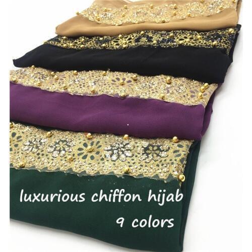 Women scarf shawl plain solid chiffon with lace pearls Fashion Hi-Q luxury bandana foulard hijab muslim wraps 10pcs/lot hot sale