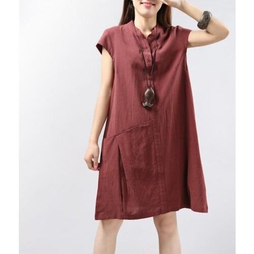 Large womens wear new national wind cotton hemp dress in summer 2018 stand neck loose and thin straight skirt
