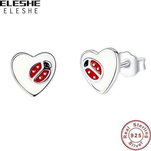 100% 925 Sterling Silver Heart Ladybug Stud Earrings with Enamel Small Earrings for Women Children Girls Kids Jewelry