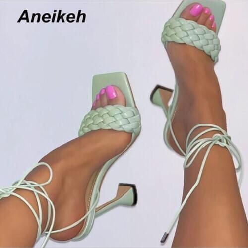 Aneikeh New 2021 Fashion Women Shoes Spike Heels Open Plaid Party Cross-Tied Riband PU Lace-Up Solid Square Toe Black Size 35-41