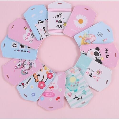 PU Badge Holder Women Leather ID Card Case Kids Girls Boys Student Lanyard Cute Panda Dinosaur Pattern Access Card Pass Cover